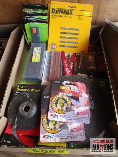 Flat of grinding discs, sawsall blades, sharpening stones and misc