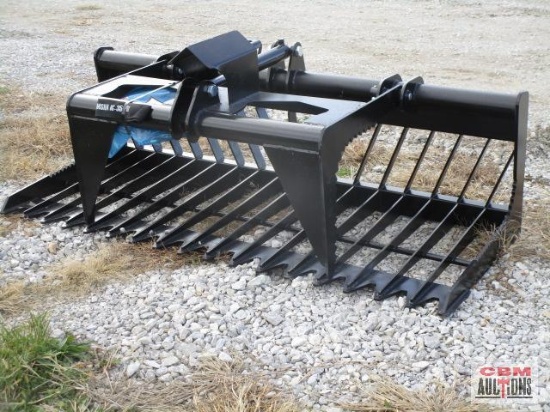 76" Skid steer industrial rock grapple skeleton bucket with single cylinders with hoses, black,