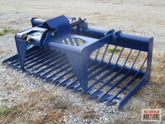 76" Skid steer industrial rock grapple skeleton bucket with single cylinders with hoses, blue,