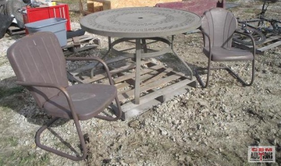 2 -Vintage metal lawn chairs and patio table. Perfect for taking a walk down memory lane into