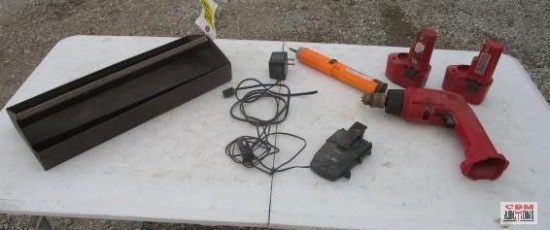 Metal toolbox with Milwaukee high torque drill, 2 batteries, Chicago rechargeable screwdriver,