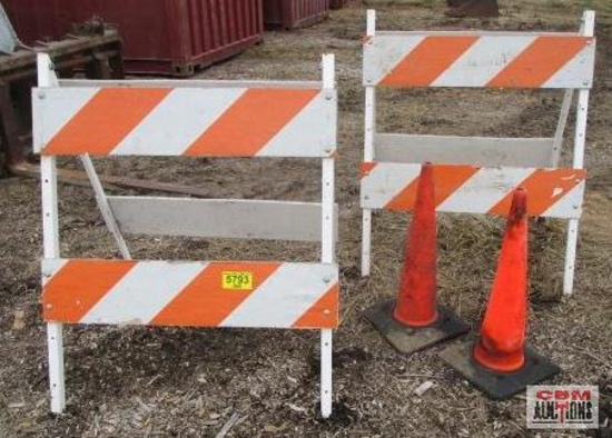2 orange road cones and 2 folding traffic barricades 3' wide and 41" tall when open