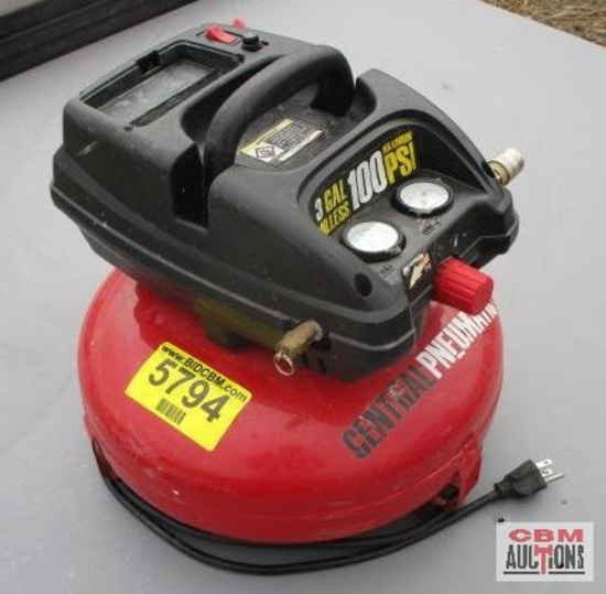 Central Pneumatic electric 3 gal oilless air compressor, 100 PSI...