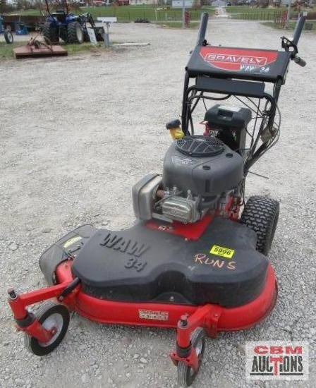 Gravely 34 WAW walk behind mower, M#911412, 14.5hp Briggs & Stratton, S#011259 runs and drives