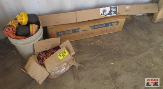 Copper splash point staples, drain plugs, cleanout plugs, Uline wall-mount mop and broom holder