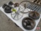 2 Vintage Steel Wheels, 3 Older Wheels & Lawn Mower Weights