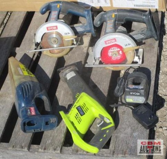Lot of RYOBI...18V tools, Two 5 1/2" Circular Saws, Reciprocating...Saw, Vacuum, Battery Charger, NO