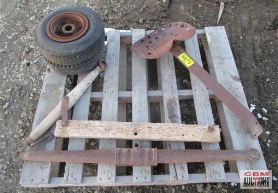 Lot Of Vintage Items, Tractor Seat, 2 Tires & Wheels, Horse Equipment