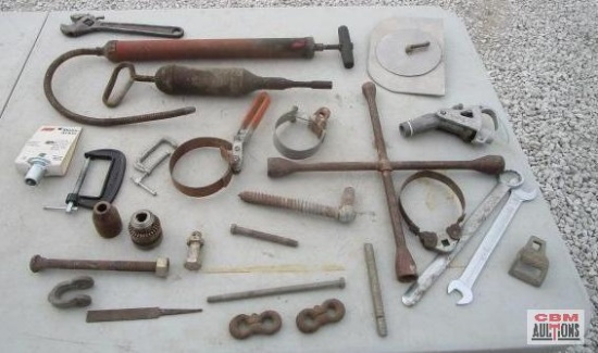 Craftsman Wrenches, Crescent Adjustable Wrench, C Clamps, 4 Way Tire Wrench, Gate Hinge & Misc