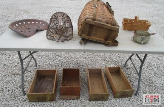 Wooden Drawers, Old Basket, Antique Steel Tractor Seat