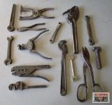 Mixed Vintage Hand Tools, Pipe Wrench, Metal Scissors, Wire Stripper, Mixed Wrenches