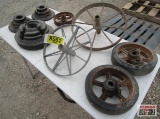 2 Vintage Steel Wheels, 3 Older Wheels & Lawn Mower Weights