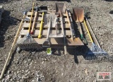Pallet of Garden and Landscape Tools, Shovels, Leaf Rakes, Scoop Shovels, Sledge Hammer, Pick Axe