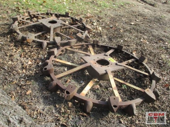 Pair of vintage rear steel lugged tractor wheels, 14" square center plate, 6" dia center, would be
