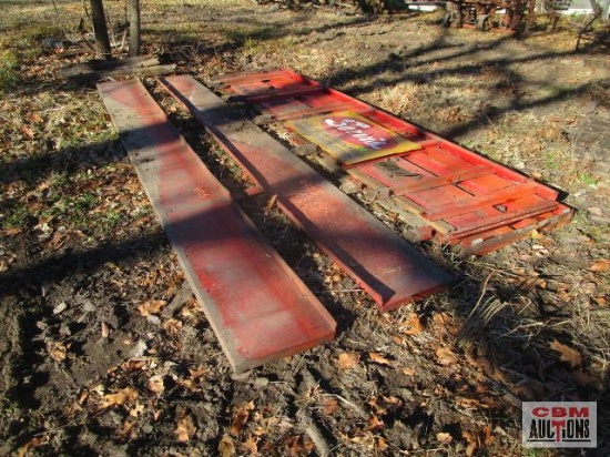Pair of 16" x 14' steel side boards and stake body side racks 32" x 11'7" with vintage Servis steel