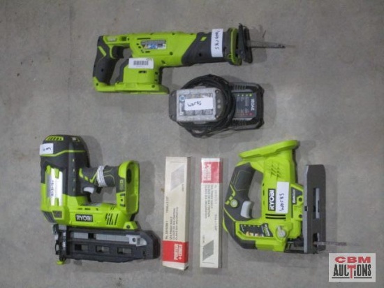 Ryobi 18 Volt Finish Nailer, 2 Boxes Of Nails, Reciprocating Sawsall, Jig Saw With Battery and