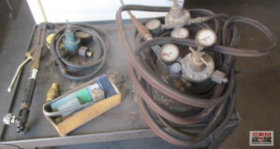 Lot Of Cutting Torch Equipment, Meco Regulators, Hose & Torch Head