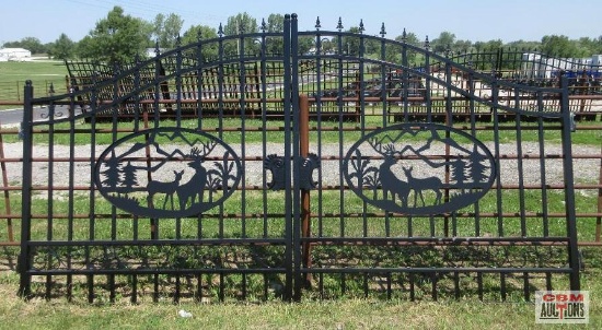 14' Dual Swing Decorative Iron Entry Driveway Gates With Deer Scene (Unused) *S