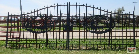 20' Dual Swing Decorative Iron Entry Driveway Gates With Deer Scene (Unused) *S