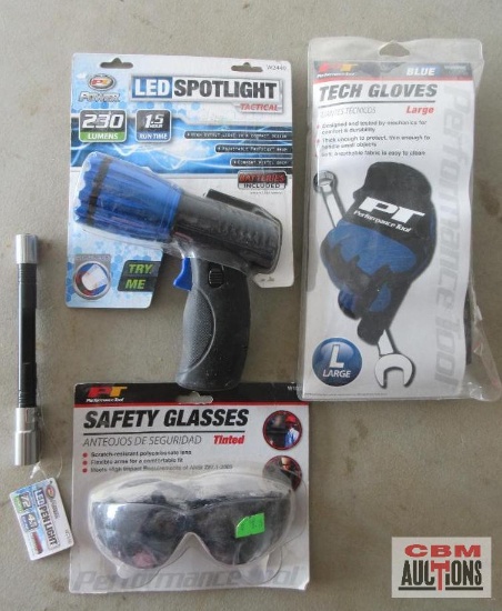 PT Performance Tools W89000 Blue Tech Gloves Large W1037 Safety Glasses Tinted W2356 LED Pen Light