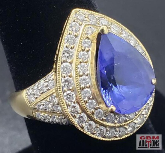 Ladies Ring 18K Yellow Gold, 3.0 Carat Pear Tanzanite Center Stone with 96 - 1.7 mm Round Diamonds