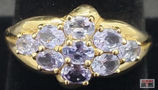 Ladies Ring 14K Yellow Gold, Oval Tanzanite Center Stone with 8 - Oval Tanzanite Stones, Size 10,