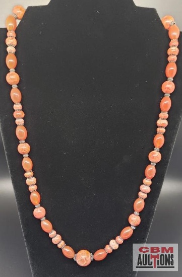 Necklace with Coral Stones, a BJ 925 Stamped Bar Clasp, 27"