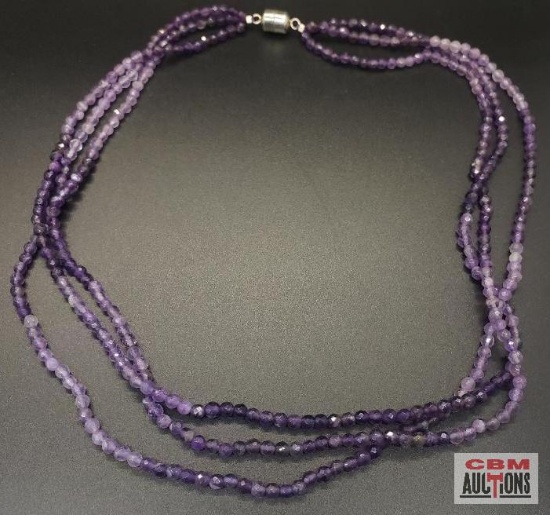 Necklace with Purple Stones, a 925 Stamped Magnetic Clasp, 21" Three Strands