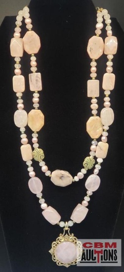 Rose Quartz Necklace, Stamped with Barse 17" - 21" Two Strands with 2" Extension