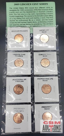 8- 2009 U.S.Lincoln Cent Set, Lincoln's Birthplace-Philadelphia, Birthplace-Denver, Formative