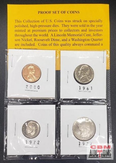 4- U.S.Proof Coins 2000 Lincoln Memorial...Penny, 1961 Jefferson Nickel, 1972 Roosevelt Dime & 1974