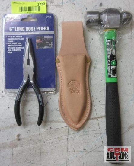 Grip 57196 6" Long Nose Pliers 41518 8oz Fiberglass Ball Peen Hammer Leather Plier Holders