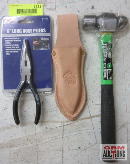 Grip 57196 6" Long Nose Pliers 41518 8oz Fiberglass Ball Peen Hammer Leather Plier Holders