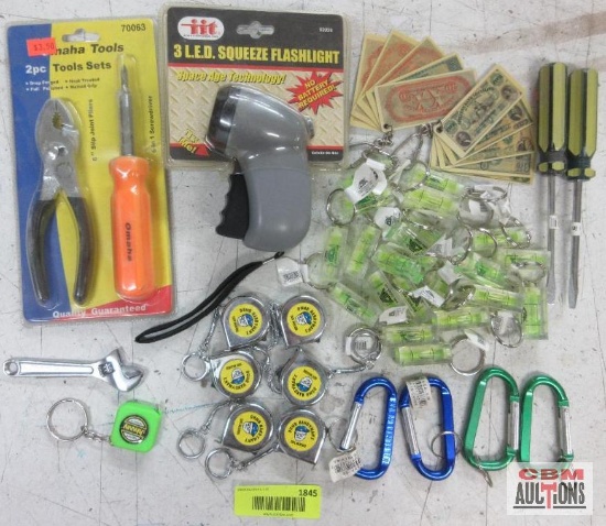 Mini Tape Measures & Levels, Screwdrivers, Flashlight, 2Pc Tool Set, Adjustable Wrench & Key Chains