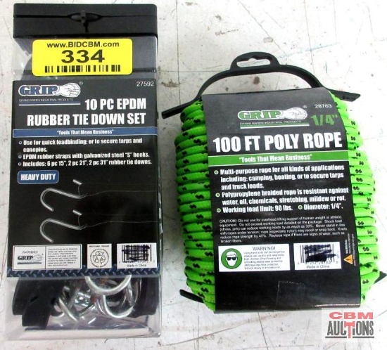 Grip 27592 10pc EPDM Rubber Tie Down Set... Grip 28763 Neon Green & Black 1/4" x 100' Poly Rope... .