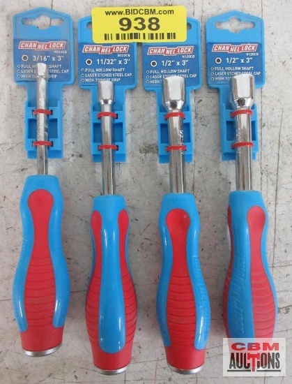 Channellock 4pc Nut Driver Set, Full Hollow Shaft, Laser Etched Steel Cap w/ High Torque Grip N120CB