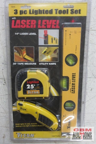 Titan 16045 3pc Lighted Tool Set w/ Laser Level... Includes: 14" Laser Level... 25' Tape Measure...