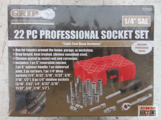 Grip 73105 22 pc Professional Socket Set 1/4" Drive, SAE w/ Storage Case 7pc 1/4" Dr - Deep 1*/4" to