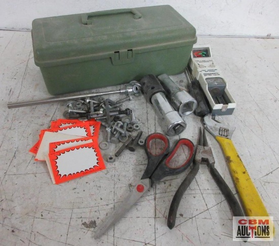 Tool Box, Signage, Scissors, Pliers, Adjustable Wrench , Magnetic Pick Up Tool, Fasteners,