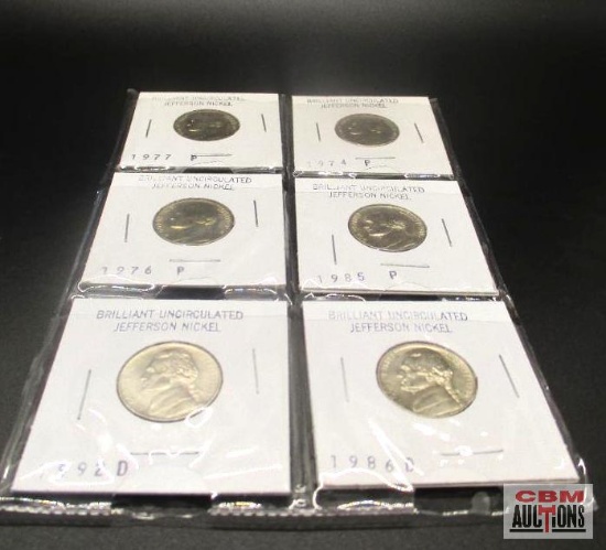 6 BrilliantUncirculated Jefferson Nickles (1974, 1976, 1977, 1986, 1981, 1992) *Office