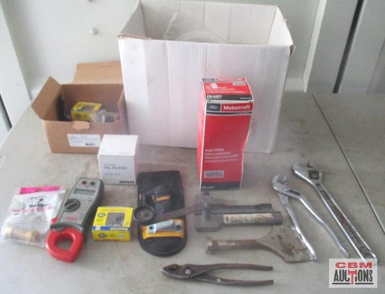 Box of Hand Tools & Misc. Ford Motorcraft Fuel Filter,Adjustable Wrench, Slip Joint Pliers, Oil