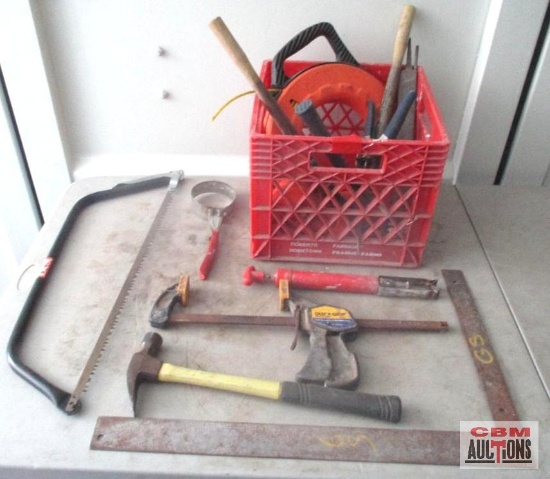 Red Crate of Misc. Hand Tools Hammers, Bar Clamp, Bow Saw, Filter Wrench, Pruners & Misc. *D12