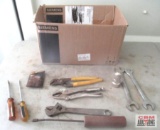 Box of Misc. Hand Tools Locking Pliers, Combination Wrench Set, Rench Rails, Ratchets, Screwdrivers