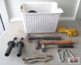 White Tote of Misc. Hand Tools Carabiners, Hammers, Adjustable Wrenches, Locking Pliers & Misc.