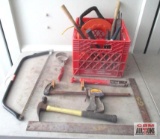 Red Crate of Misc. Hand Tools Hammers, Bar Clamp, Bow Saw, Filter Wrench, Pruners & Misc. *D12