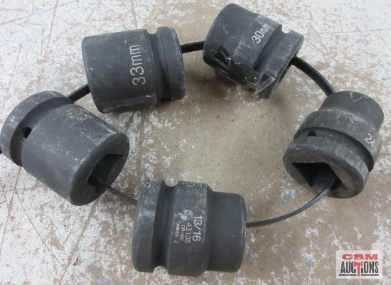 Grey Pneumatic 4pc 1" Drive, 6 & 4pt Impact Socket Set 15/16" & 13/16" Square Metric 24, 30 &