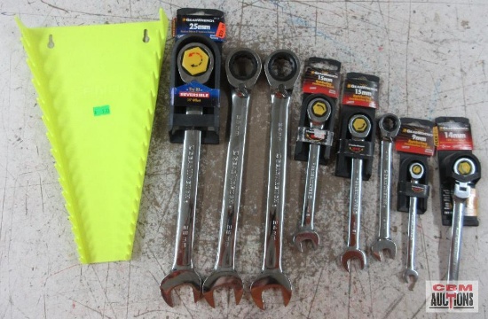 Gearwrench8pc Ratcheting/Flex Head Combination Wrench Set w/ Ernst Hi-Viz Yellow 16 Row Wrench Rack
