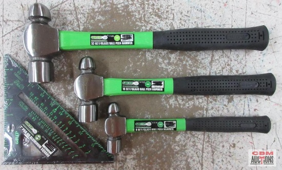 Grip 3pc Ball Pein Hammer Set (8,16 & 32oz) & 7" Pro Heavy Duty Aluminum Square