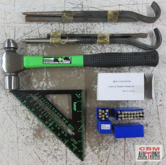 Grip 32oz Ball Pein Hammer, Grip 7" Pro Heavy Duty Aluminum Square, Letter & Number Stamp Set,