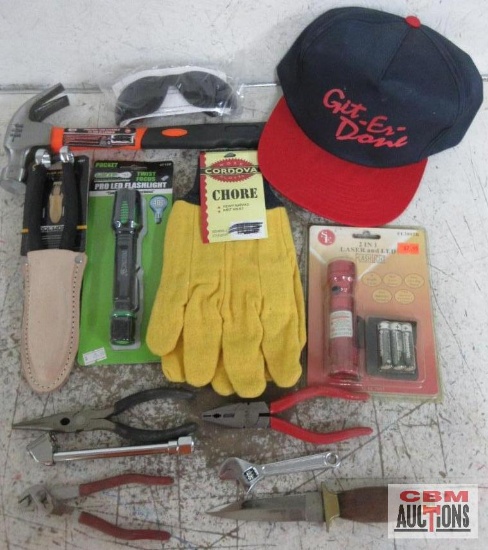Hammer, Safety Glasses, Git-Er-Done Snap B ack Cap, Chore Gloves, Flashlight, Leather Plier Holder,